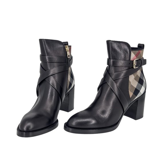 Burberry Pryle Leather & House Check Mid-Heel Ankle Boots - Picture 2 of 6